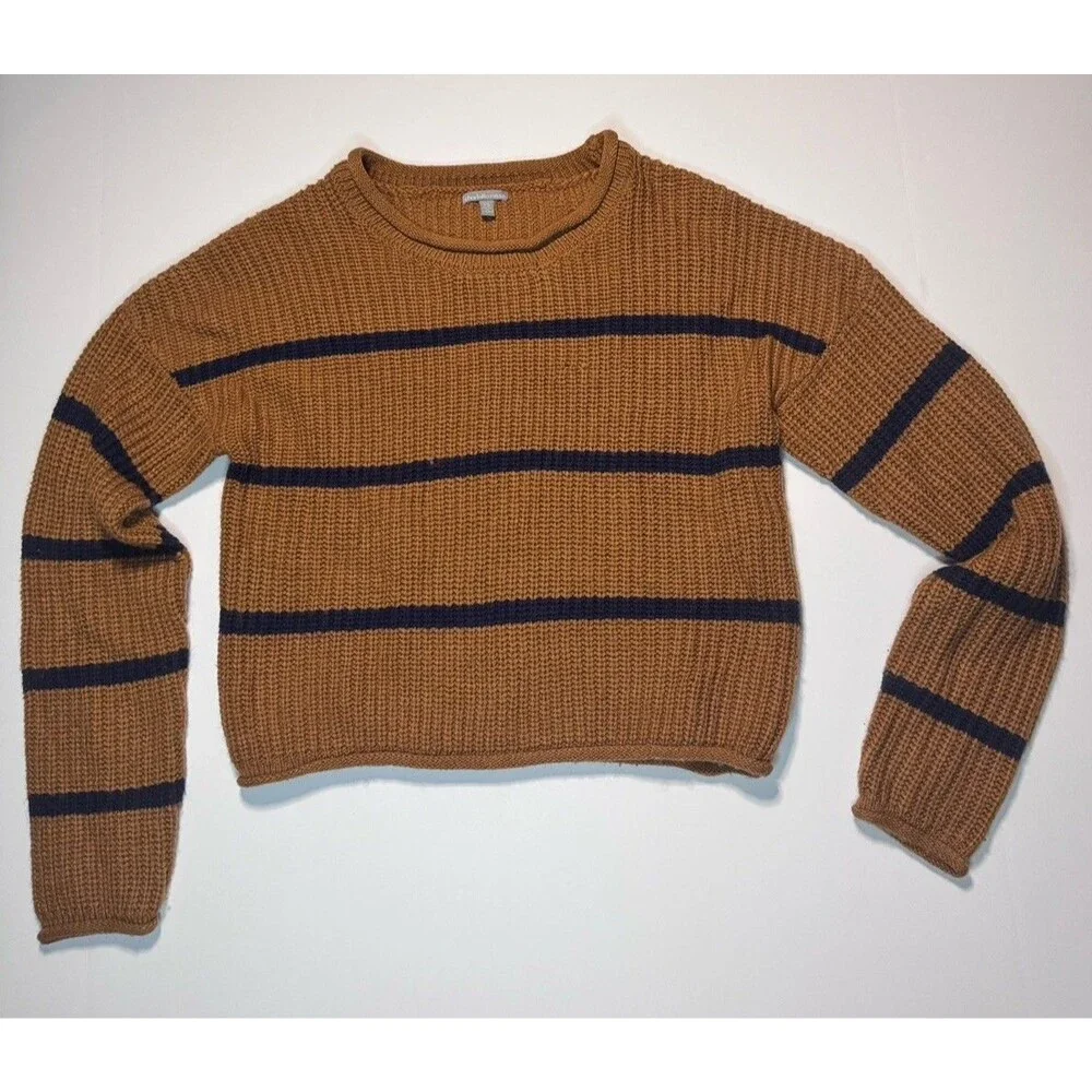 Charlotte Russe Striped Chunky Knit Cropped Sweater Womens XS Caramel Brown Navy